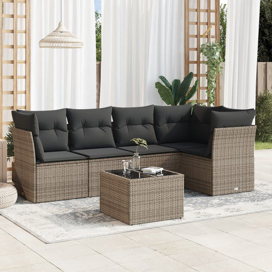 6-delige Loungeset met kussens poly rattan grijs