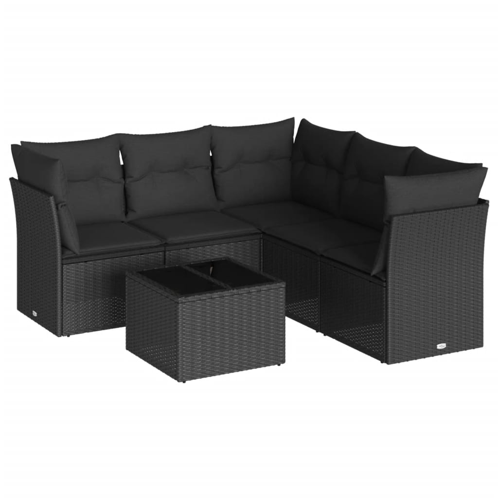 6-delige Loungeset met kussens poly rattan zwart