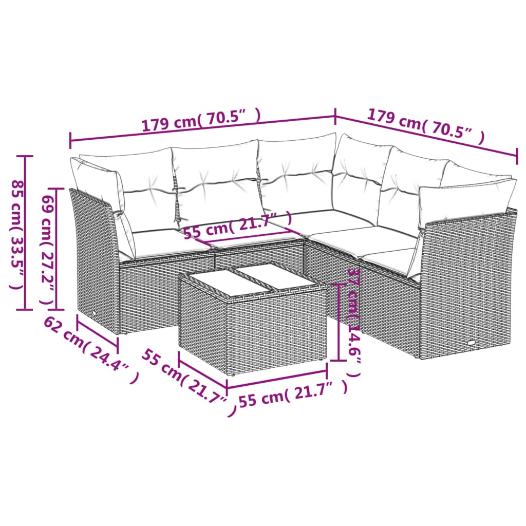 6-delige Loungeset met kussens poly rattan zwart