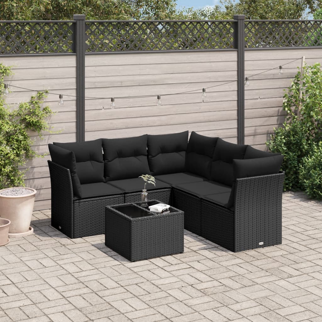 6-delige Loungeset met kussens poly rattan zwart