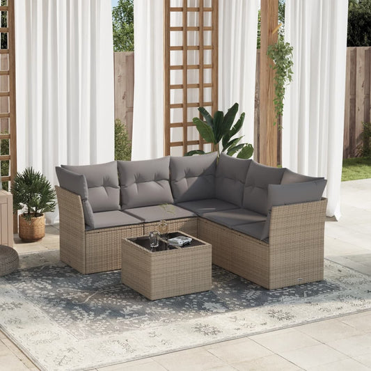 6-delige Loungeset met kussens poly rattan beige