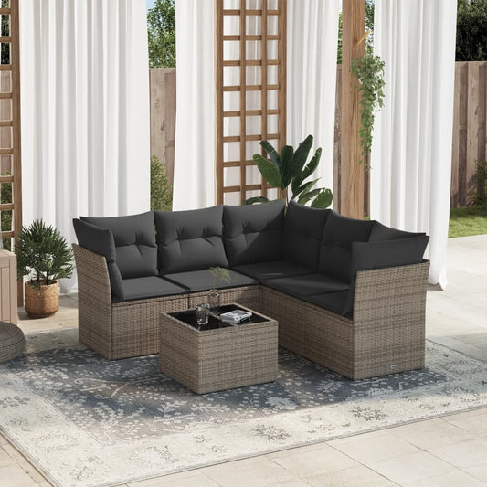 6-delige Loungeset met kussens poly rattan grijs