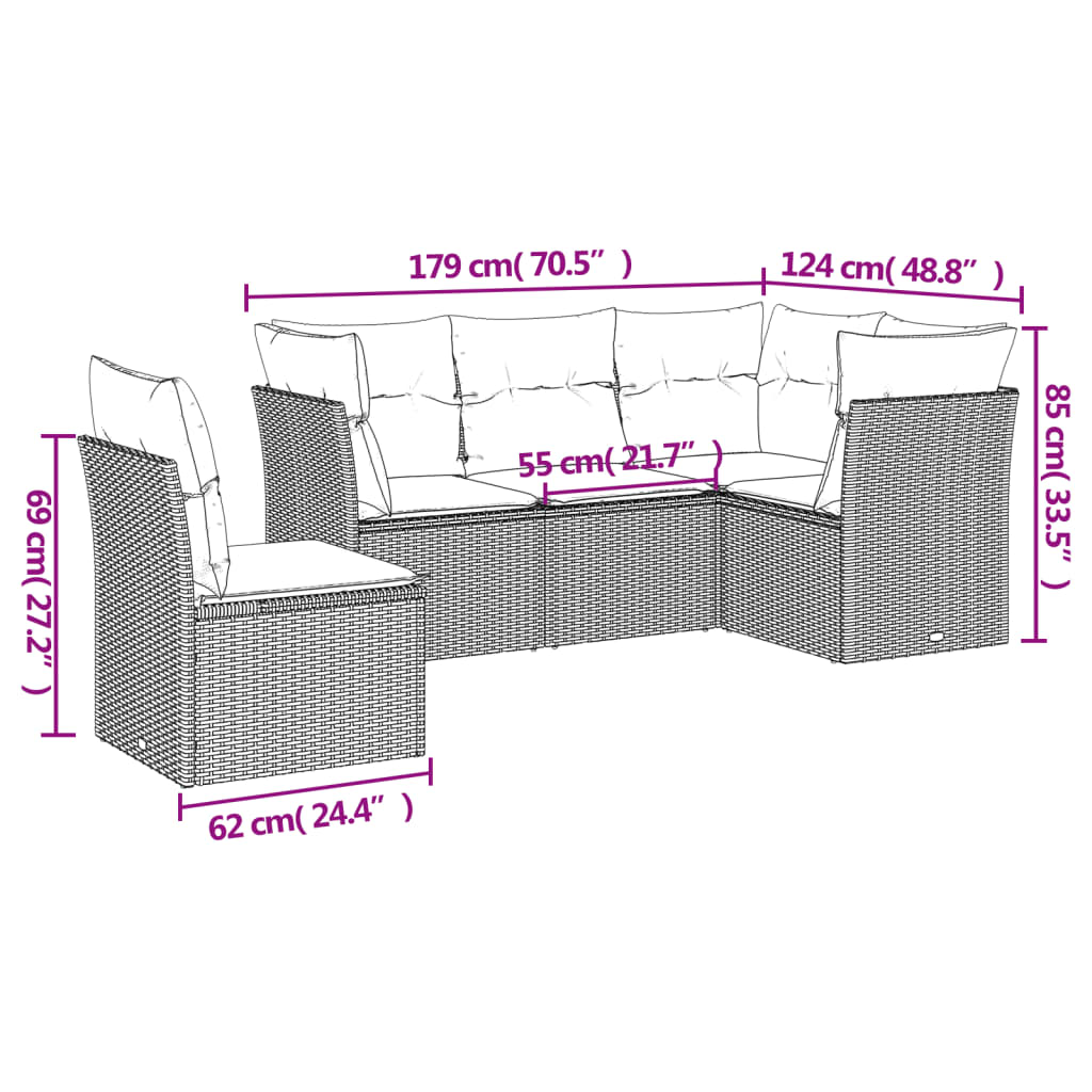 5-delige Loungeset met kussens poly rattan beige