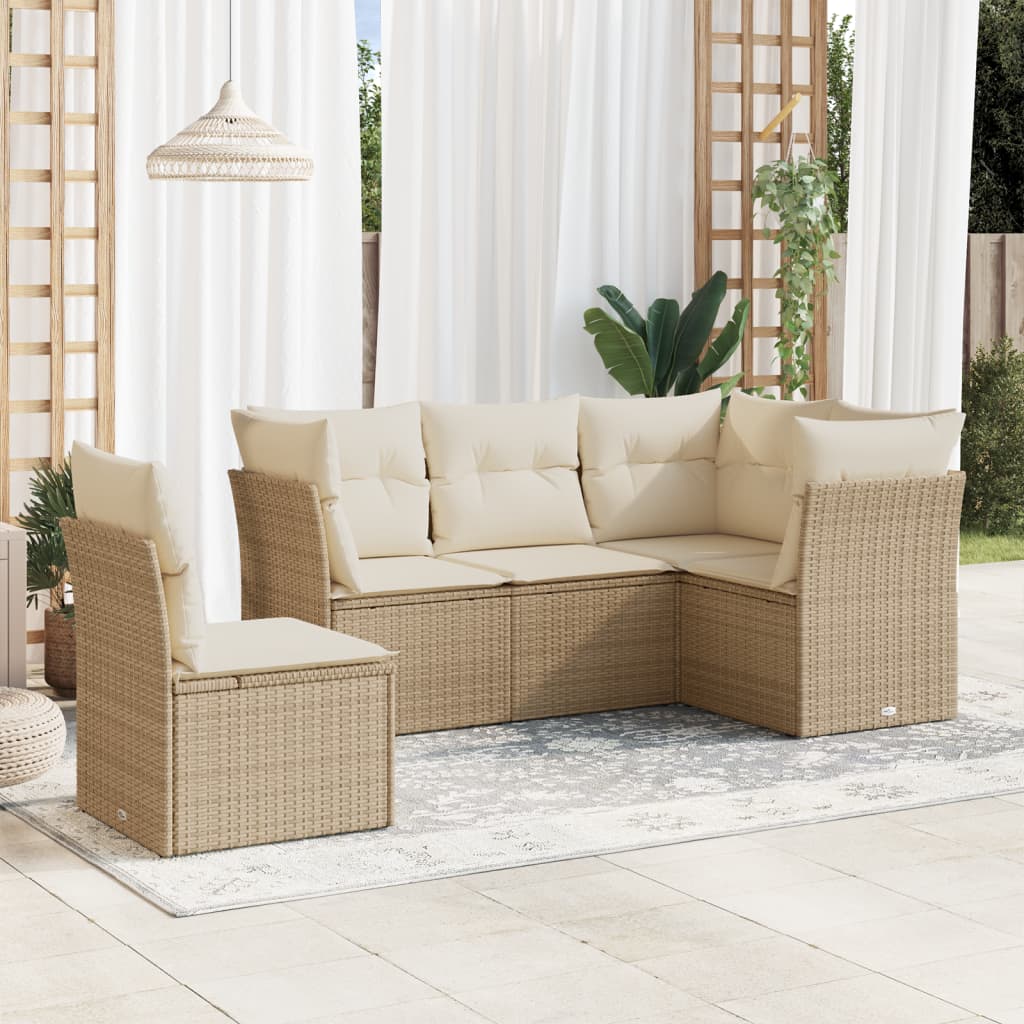 5-delige Loungeset met kussens poly rattan beige