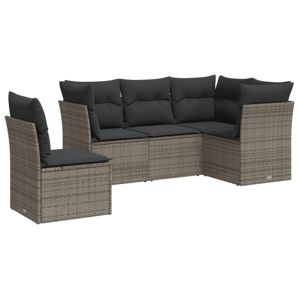 5-delige Loungeset met kussens poly rattan grijs