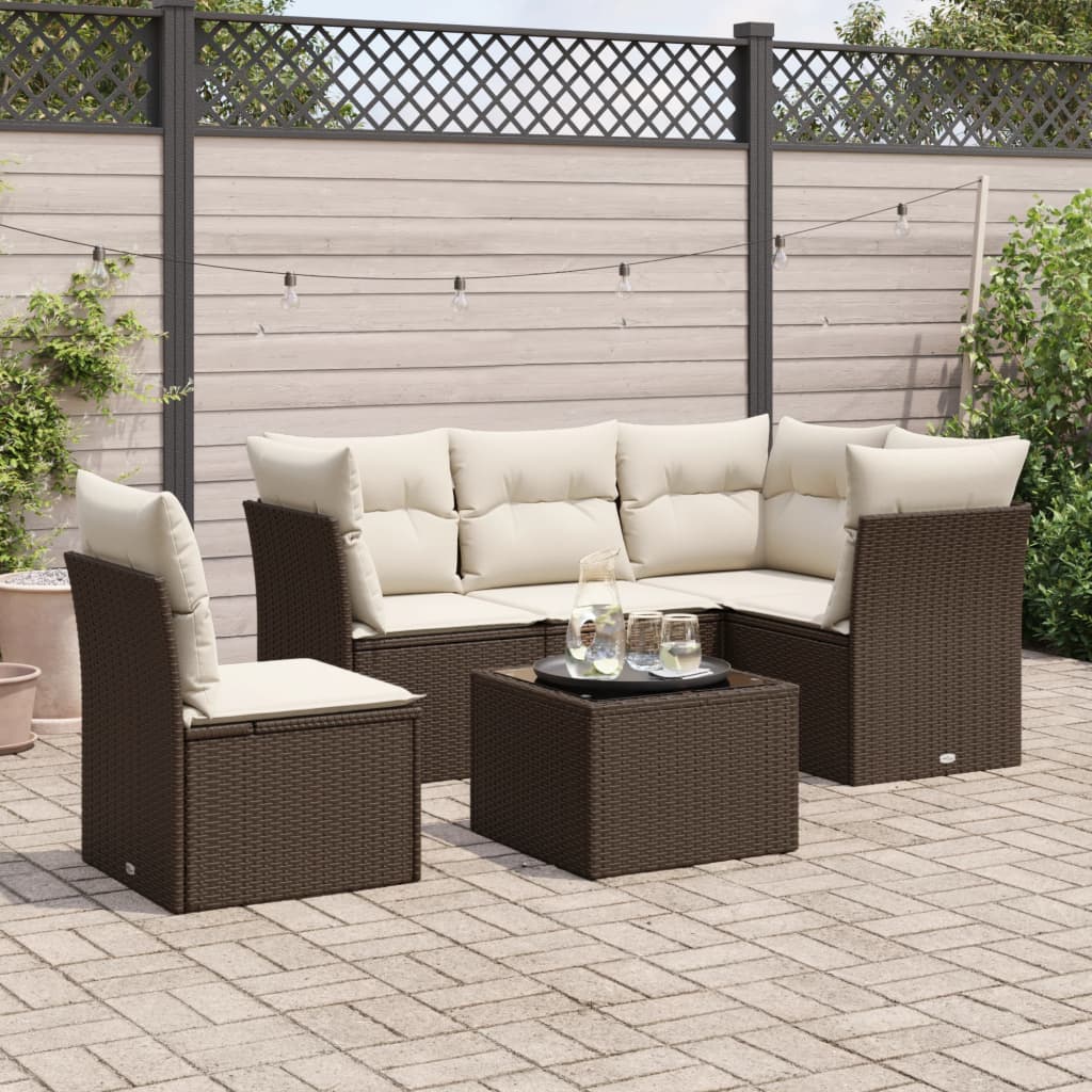 6-delige Loungeset met kussens poly rattan bruin