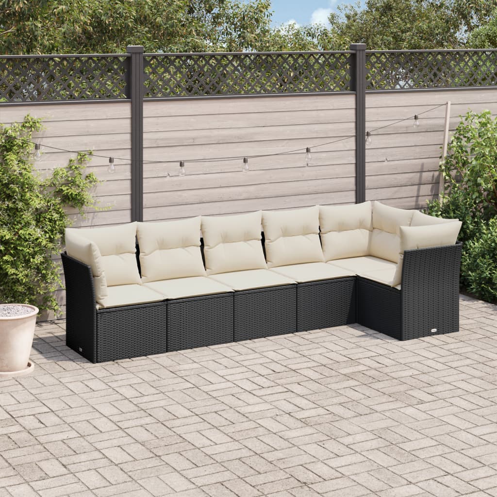 6-delige Loungeset met kussens poly rattan zwart