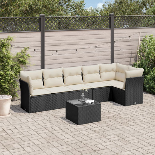 7-delige Loungeset met kussens poly rattan zwart