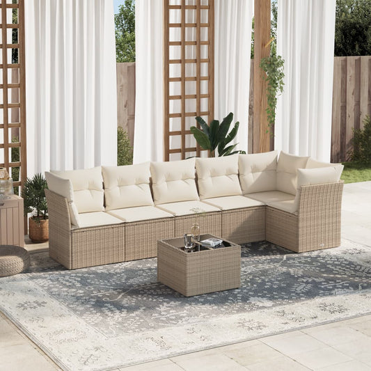 7-delige Loungeset met kussens poly rattan beige