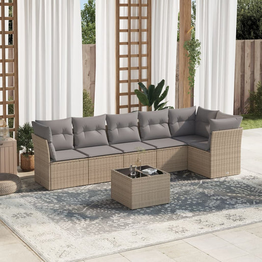 7-delige Loungeset met kussens poly rattan beige