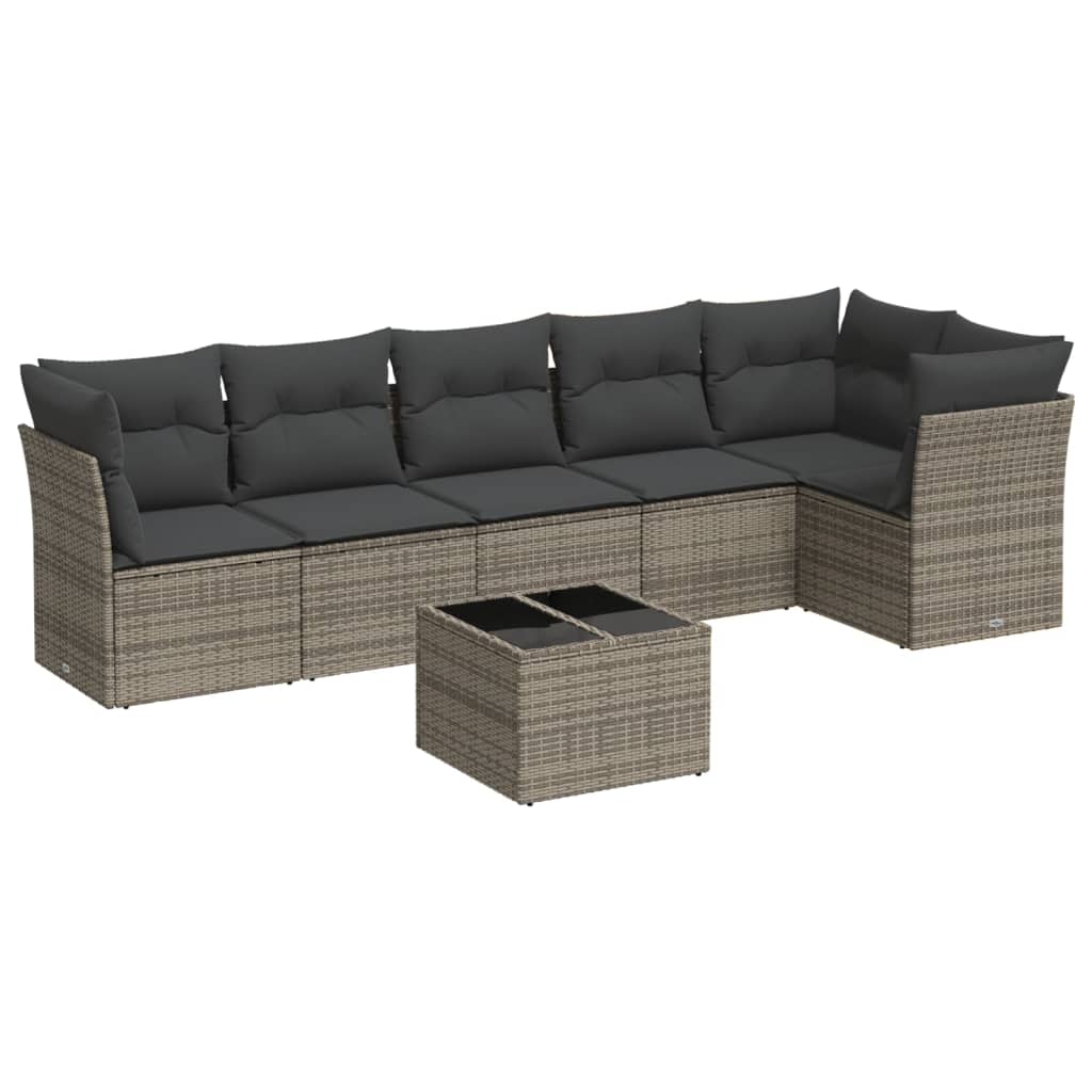 7-delige Loungeset met kussens poly rattan grijs