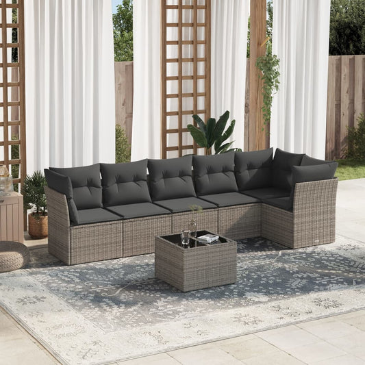 7-delige Loungeset met kussens poly rattan grijs