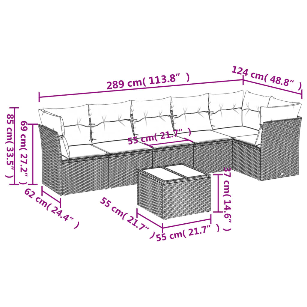 7-delige Loungeset met kussens poly rattan bruin