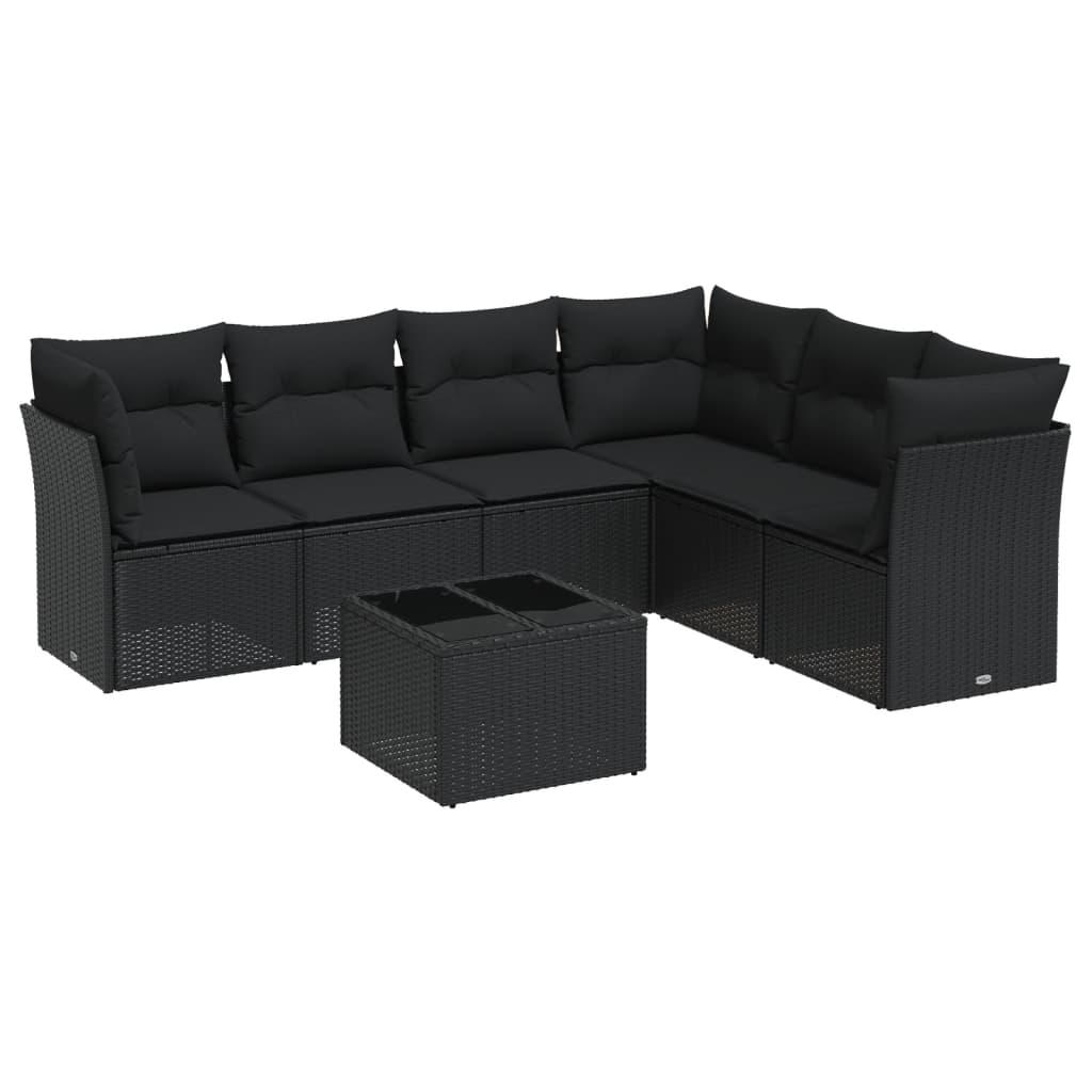 7-delige Loungeset met kussens poly rattan zwart