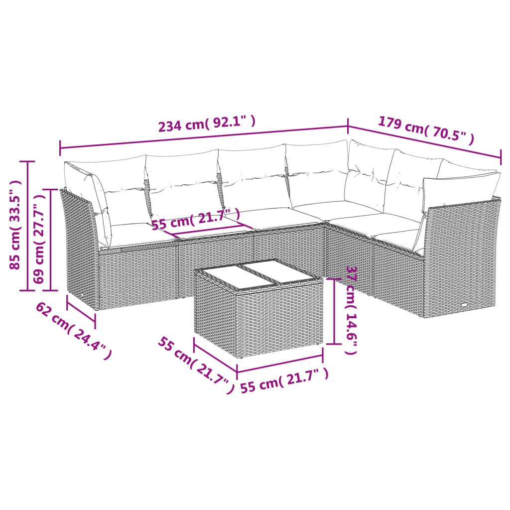 7-delige Loungeset met kussens poly rattan zwart