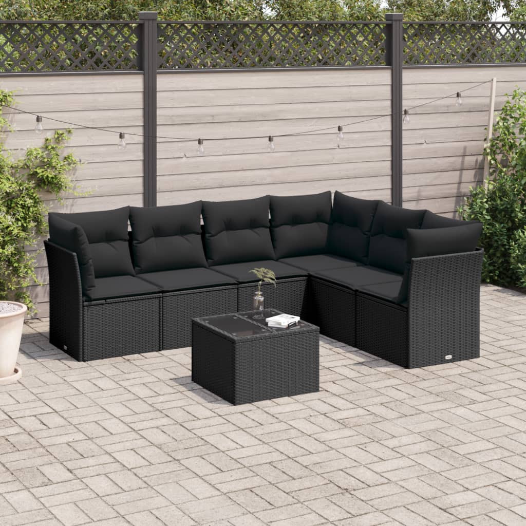 7-delige Loungeset met kussens poly rattan zwart