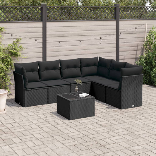 7-delige Loungeset met kussens poly rattan zwart