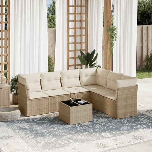 7-delige Loungeset met kussens poly rattan beige