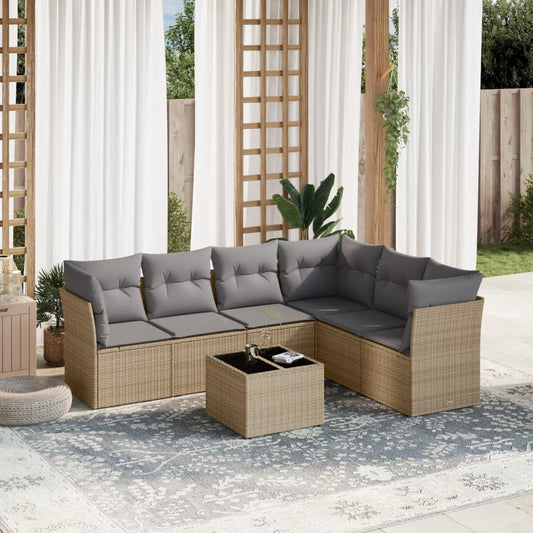 7-delige Loungeset met kussens poly rattan beige