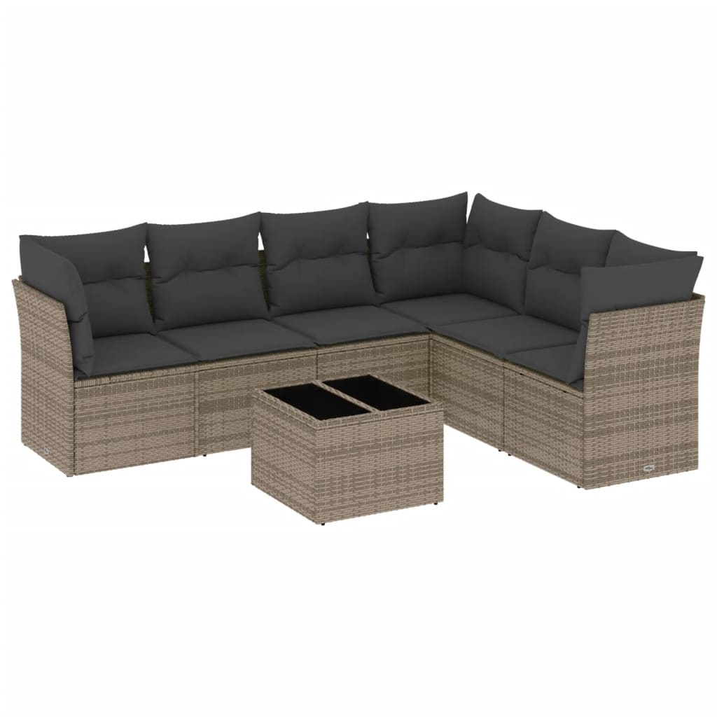 7-delige Loungeset met kussens poly rattan grijs