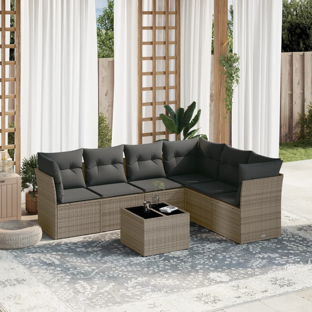 7-delige Loungeset met kussens poly rattan grijs