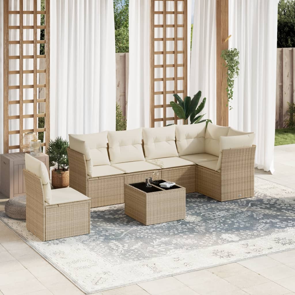 7-delige Loungeset met kussens poly rattan beige