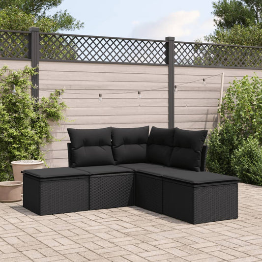 5-delige Loungeset met kussens poly rattan zwart