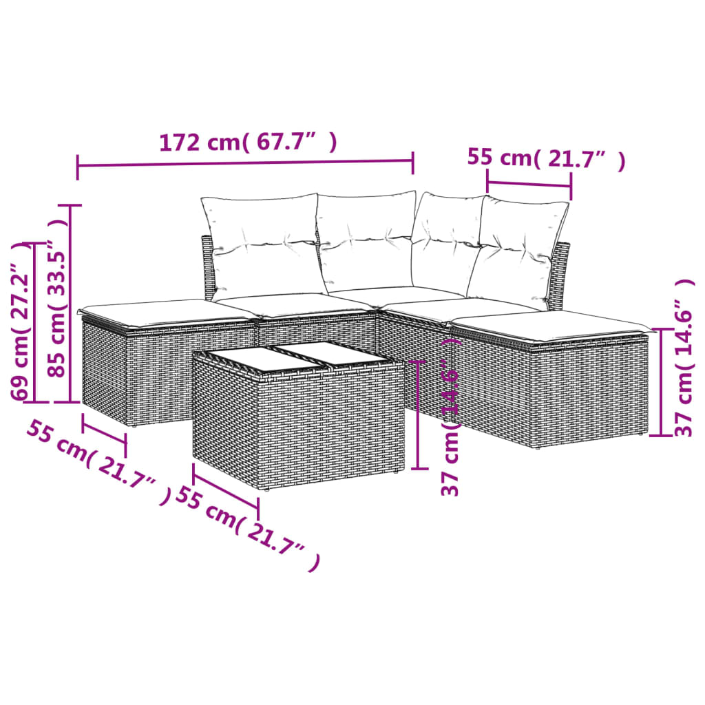 6-delige Loungeset met kussens poly rattan bruin