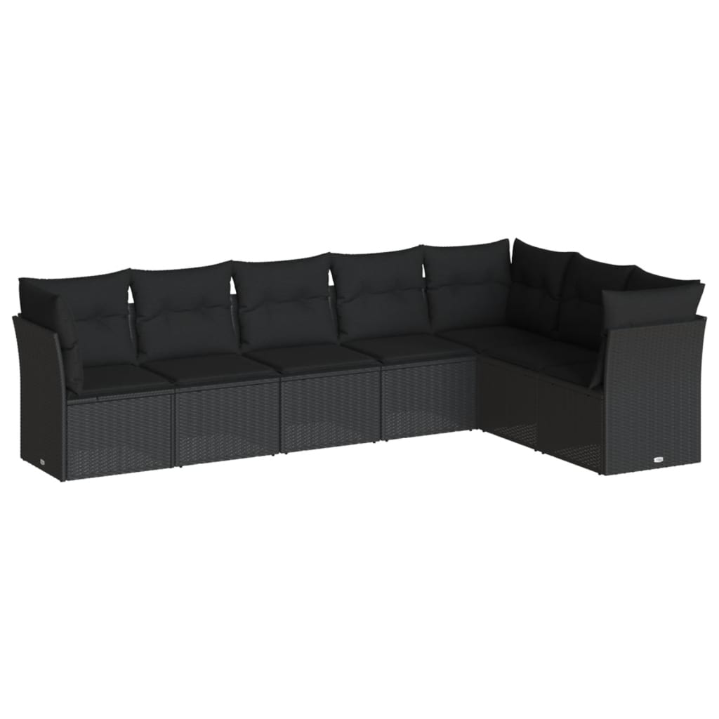 7-delige Loungeset met kussens poly rattan zwart