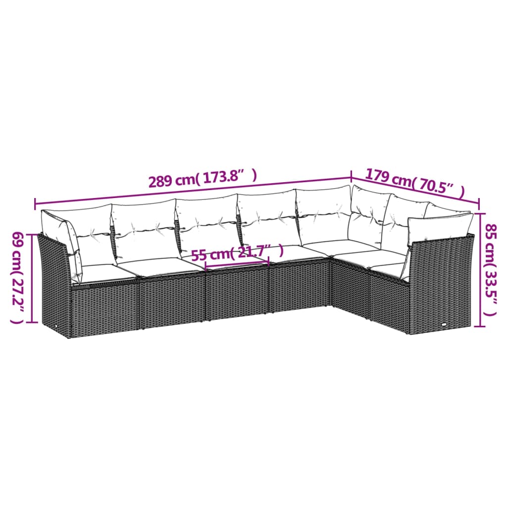 7-delige Loungeset met kussens poly rattan zwart