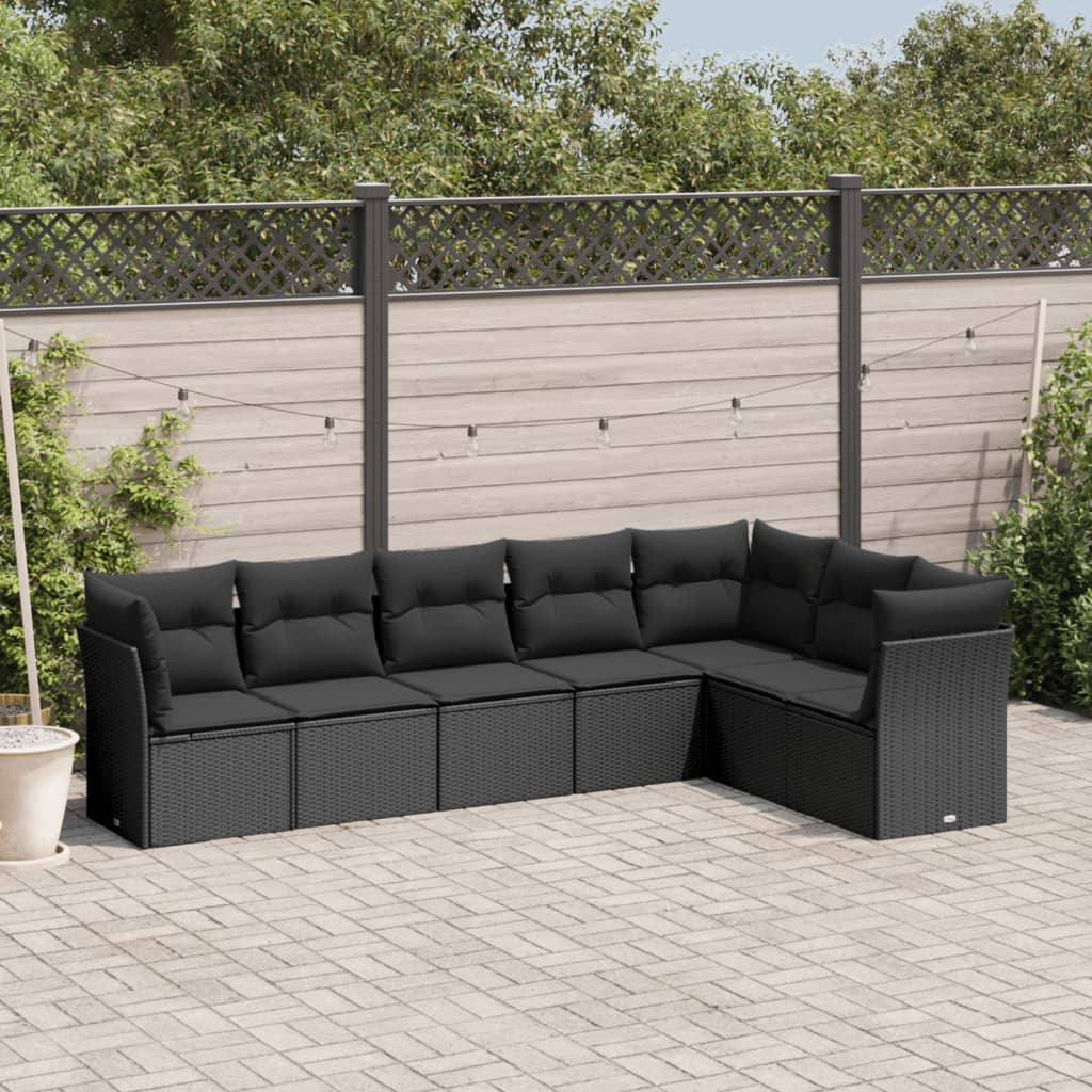 7-delige Loungeset met kussens poly rattan zwart