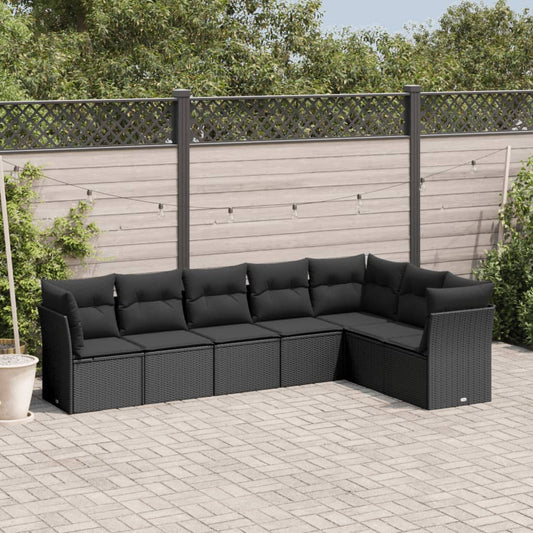 7-delige Loungeset met kussens poly rattan zwart