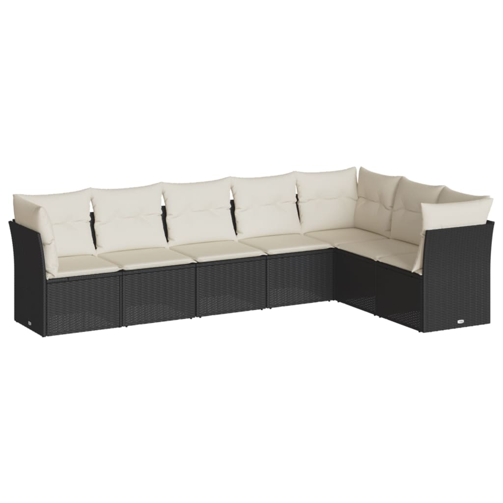 7-delige Loungeset met kussens poly rattan zwart