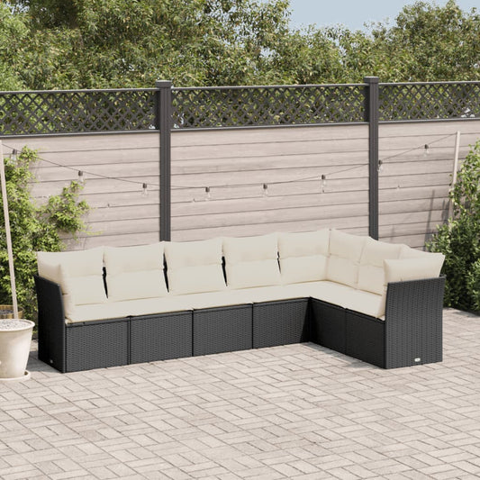 7-delige Loungeset met kussens poly rattan zwart