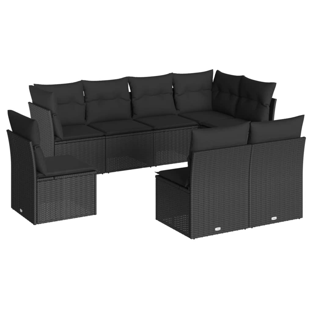 8-delige Loungeset met kussens poly rattan zwart