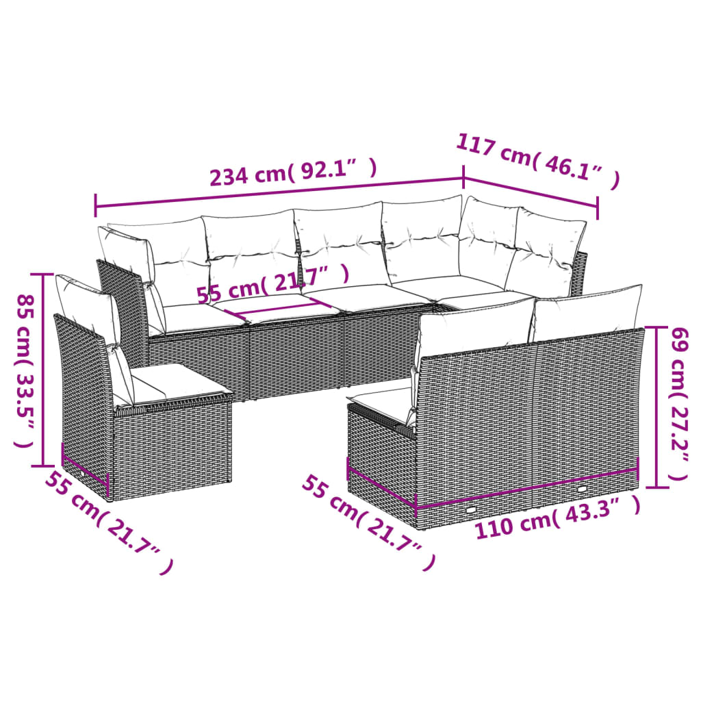 8-delige Loungeset met kussens poly rattan zwart