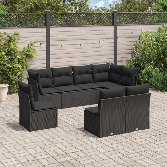 8-delige Loungeset met kussens poly rattan zwart