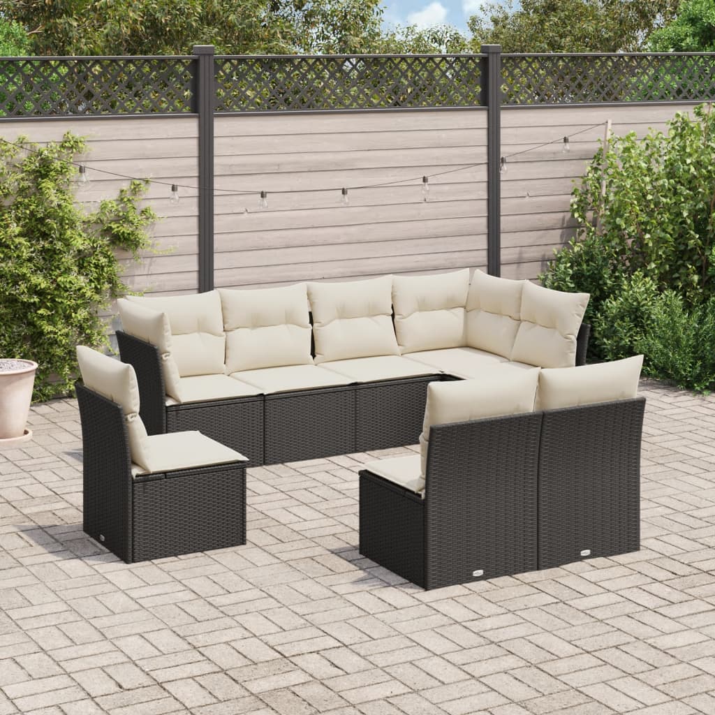 8-delige Loungeset met kussens poly rattan zwart