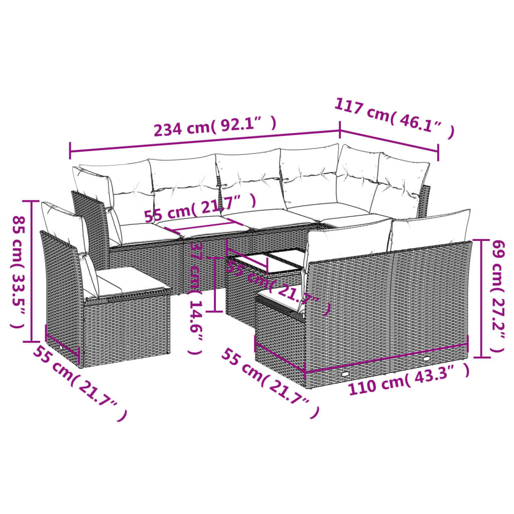 9-delige Loungeset met kussens poly rattan bruin