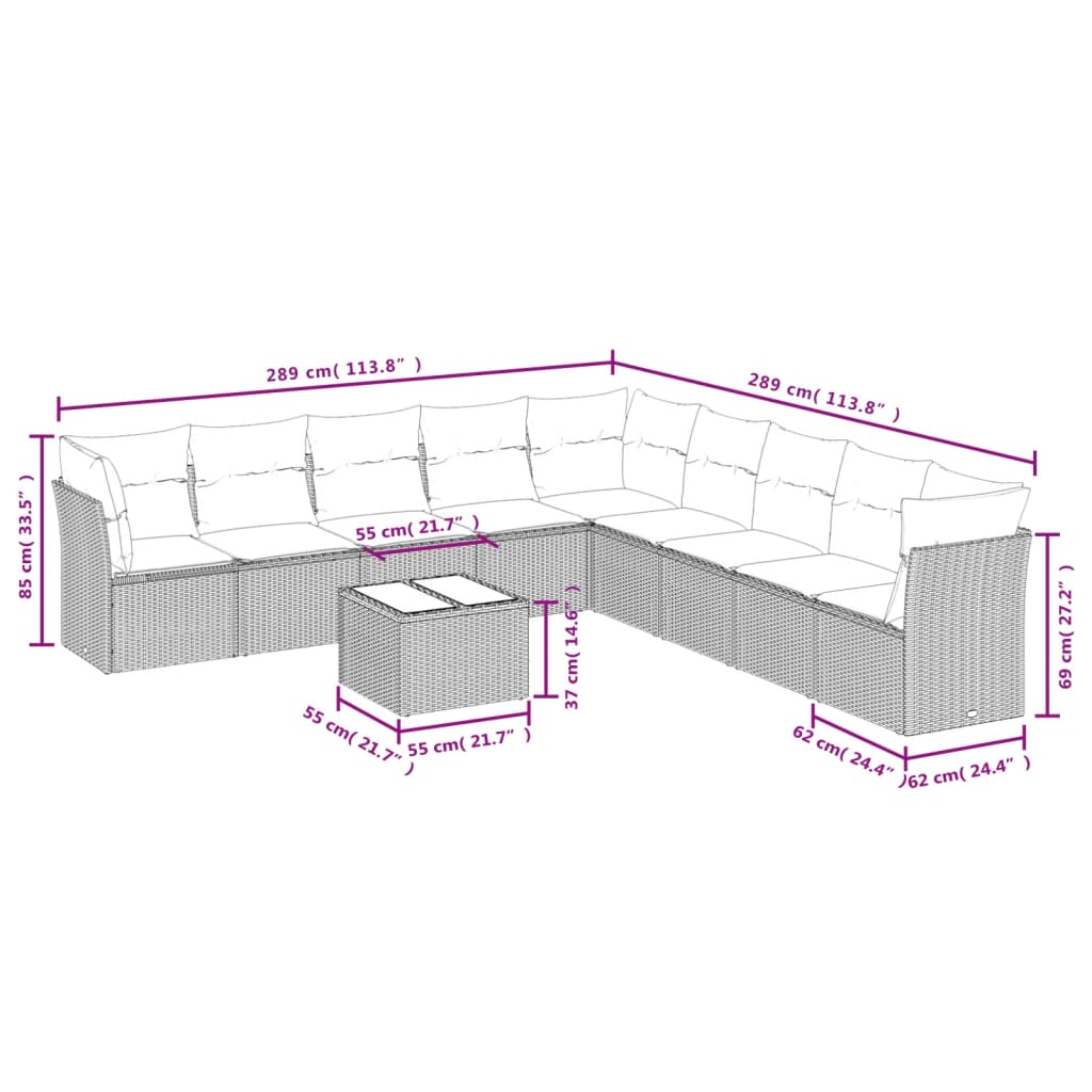 10-delige Loungeset met kussens poly rattan zwart Tuinsets | Creëer jouw Trendy Thuis | Gratis bezorgd & Retour | Trendy.nl