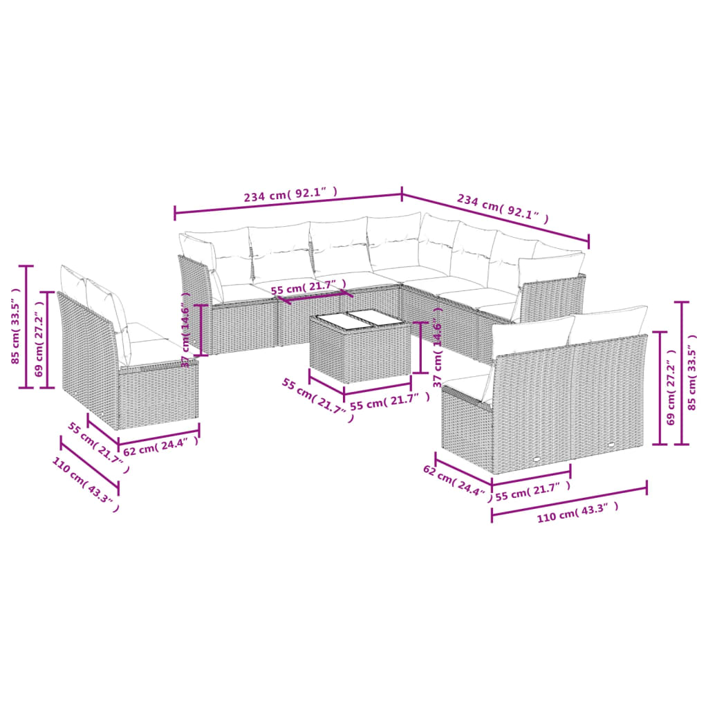 12-delige Loungeset met kussens poly rattan zwart Tuinsets | Creëer jouw Trendy Thuis | Gratis bezorgd & Retour | Trendy.nl