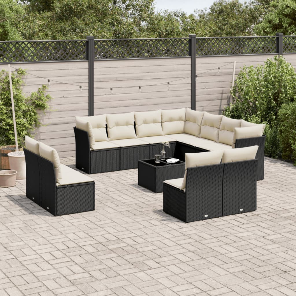 12-delige Loungeset met kussens poly rattan zwart