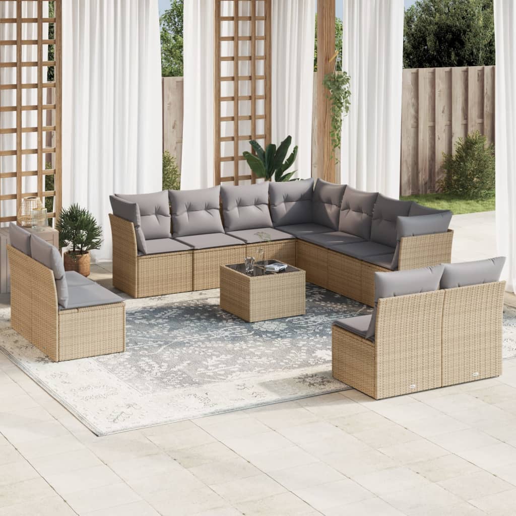 12-delige Loungeset met kussens poly rattan beige