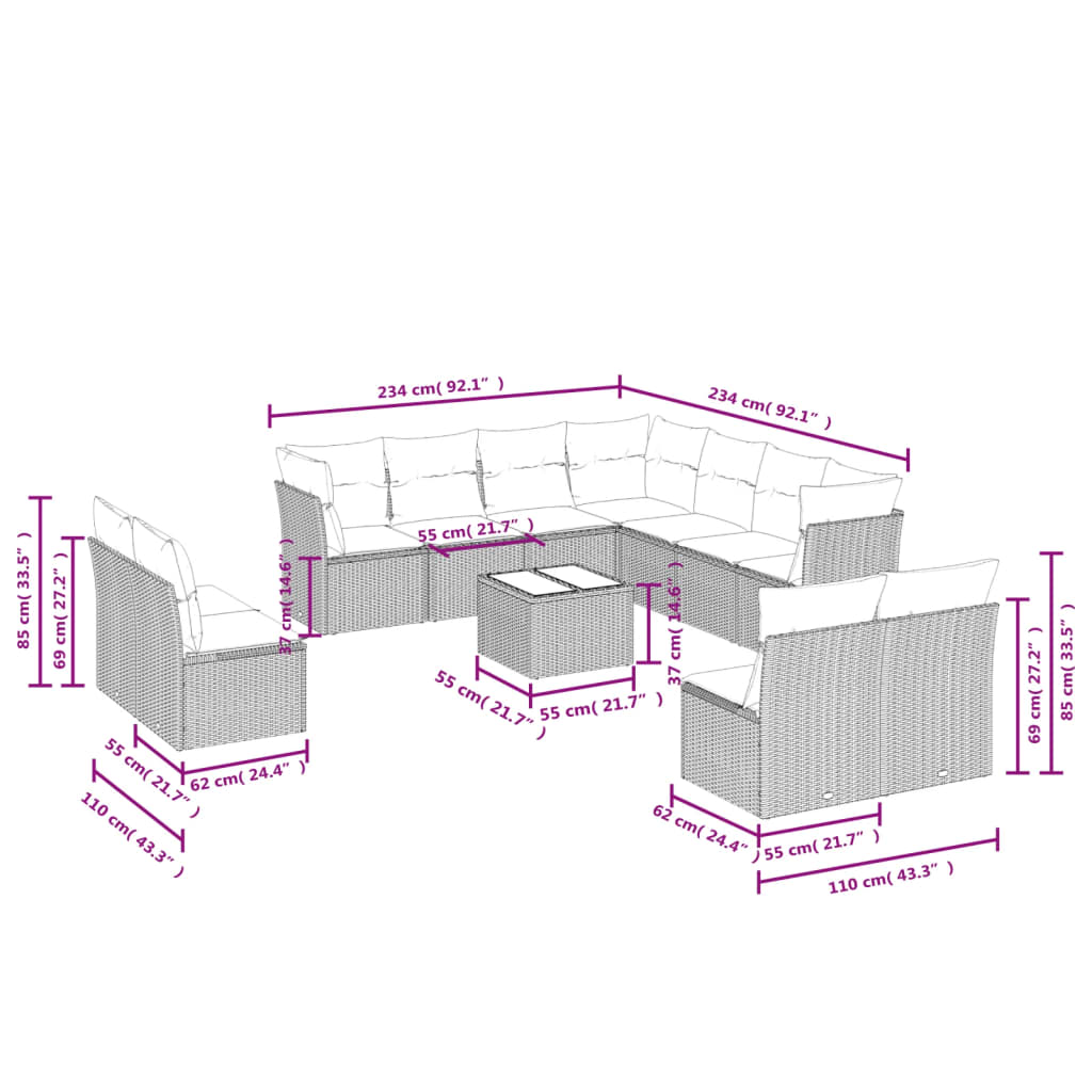 12-delige Loungeset met kussens poly rattan bruin