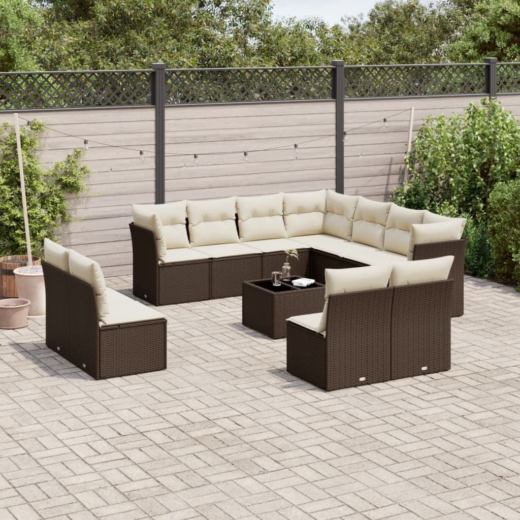 12-delige Loungeset met kussens poly rattan bruin