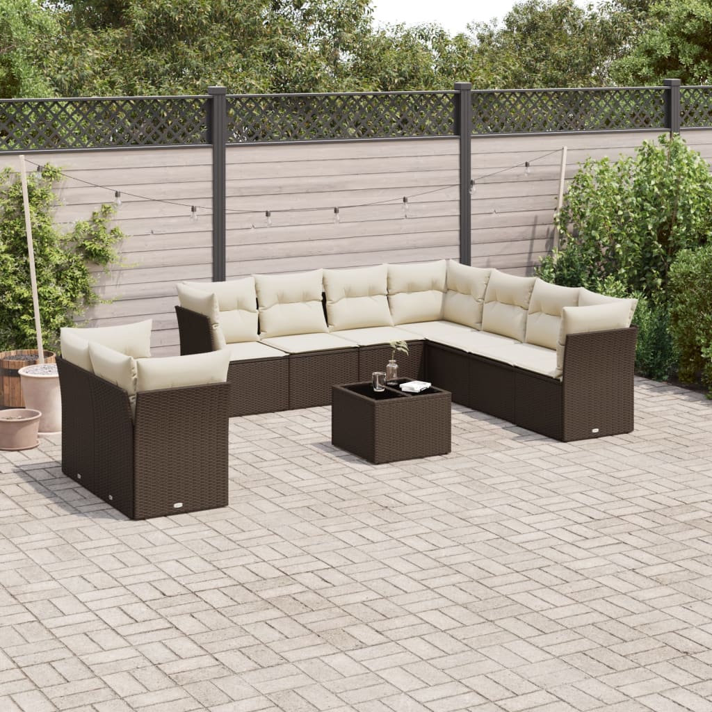 10-delige Loungeset met kussens poly rattan bruin