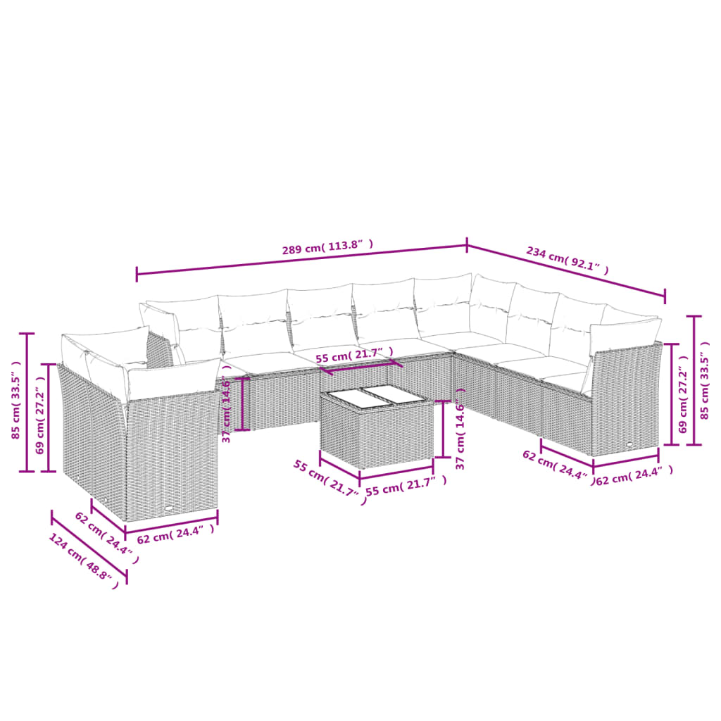 11-delige Loungeset met kussens poly rattan bruin