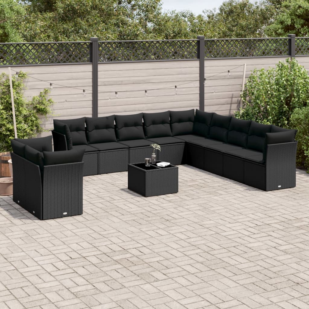 12-delige Loungeset met kussens poly rattan zwart