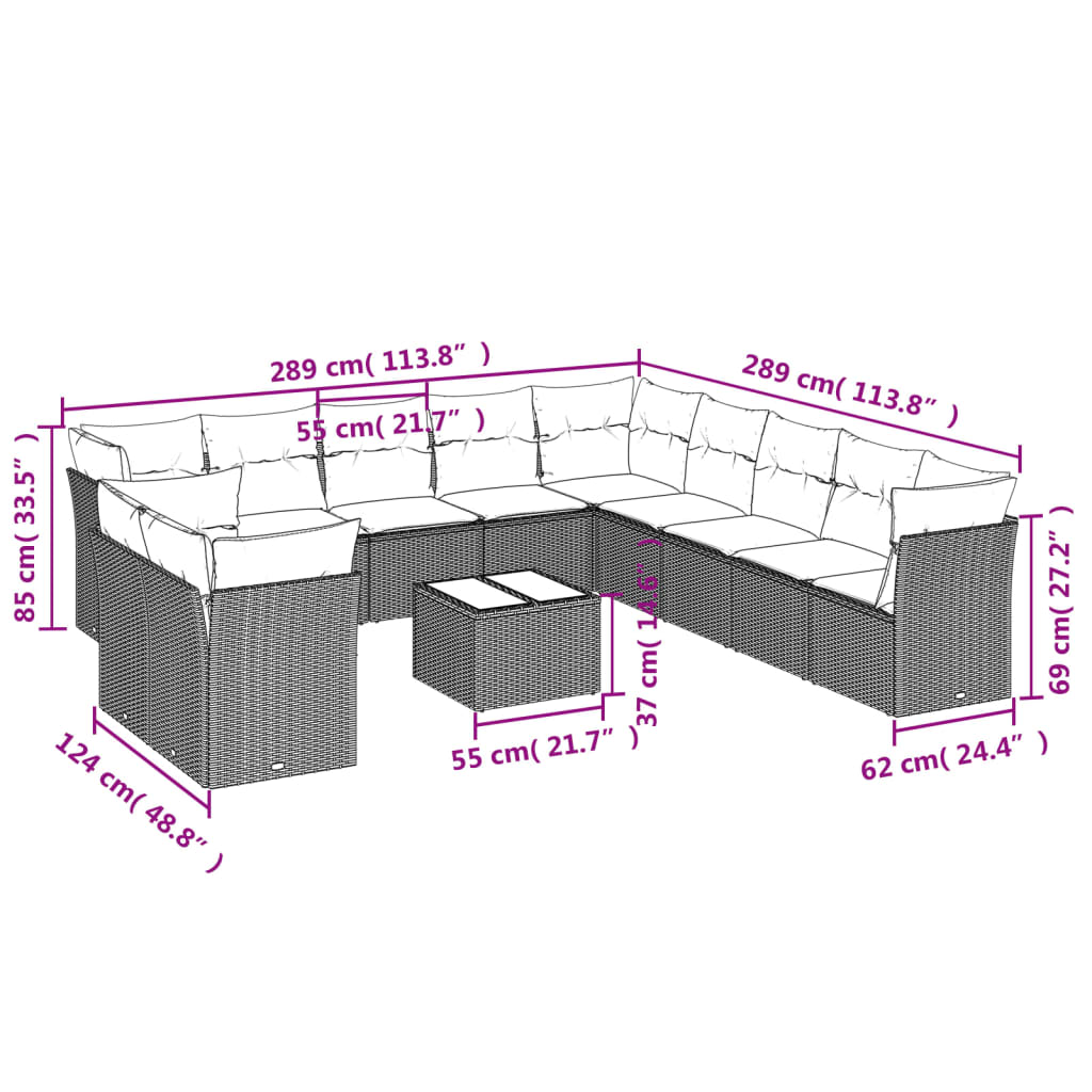 12-delige Loungeset met kussens poly rattan zwart