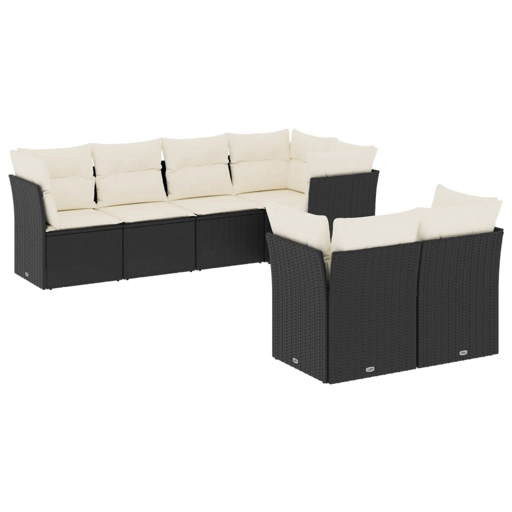 7-delige Loungeset met kussens poly rattan zwart